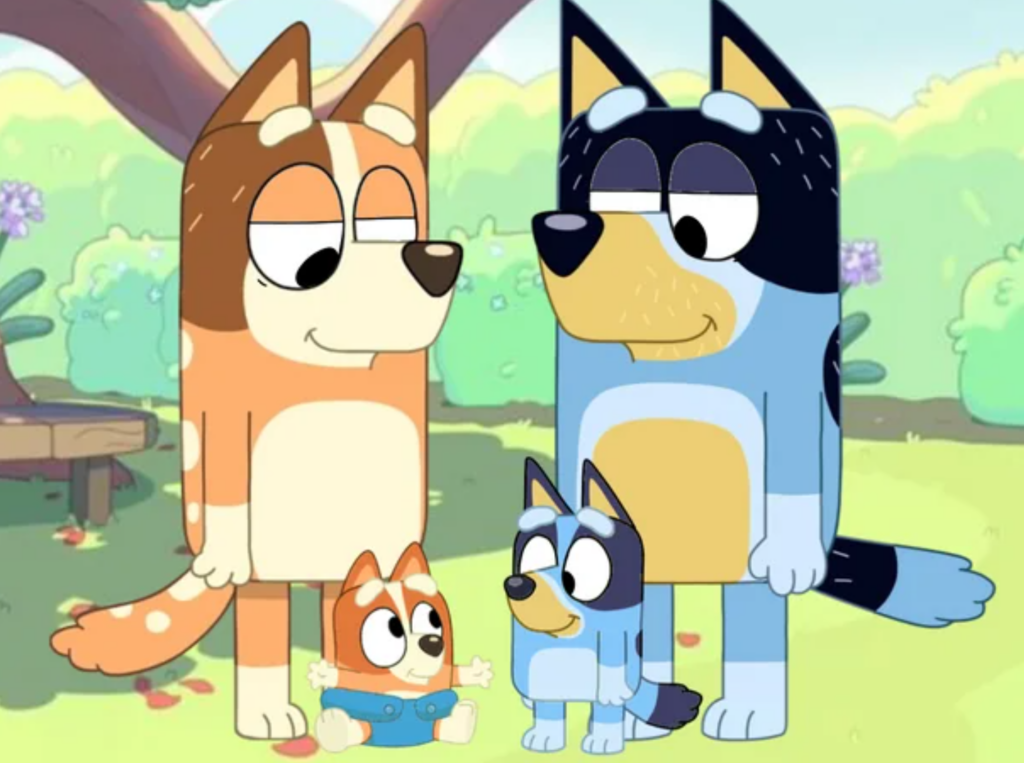 Screengrab from the TV series for toddlers Bluey, showing Bluey and her family, Reddit