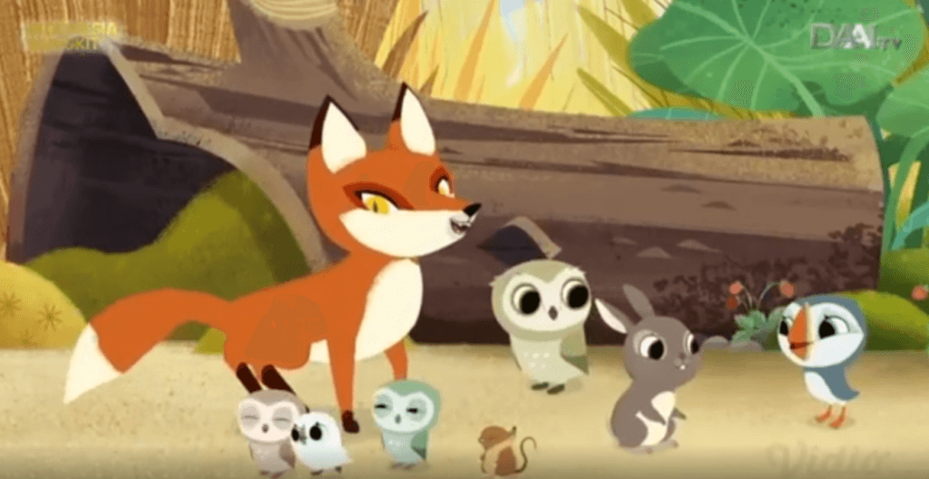Screengrab from the show Puffin Rock, showing a fox with multiple other small birds and animals, Reddit