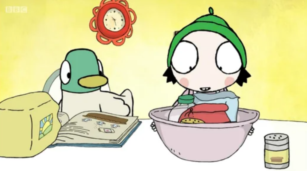 Screengrab from the animated show for toddlers Sarah and Duck, showing Sarah and Duck cooking, Reddit